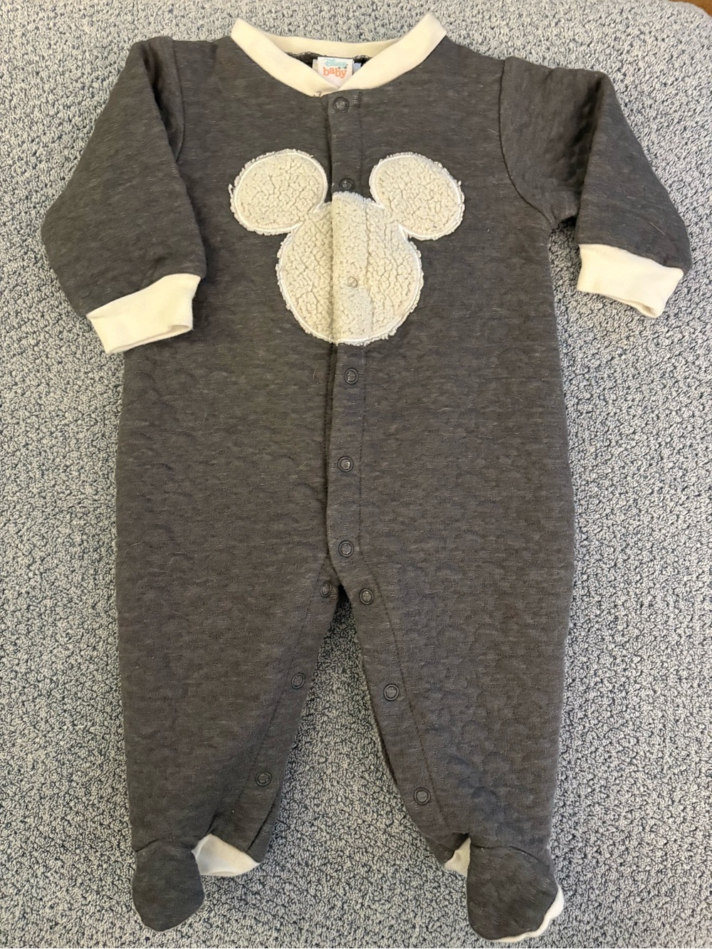 Disney Gray and Cream Quilted Footed One-Piece with Mickey Applique